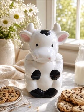 Vintage 90s Ceramic Cow Cookie Jar - White with Black Spots